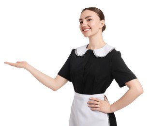 Photo of Portrait of happy chambermaid on white background