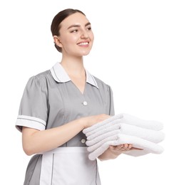 Photo of Chambermaid with stack of clean towels on white background