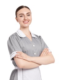 Photo of Portrait of happy chambermaid on white background