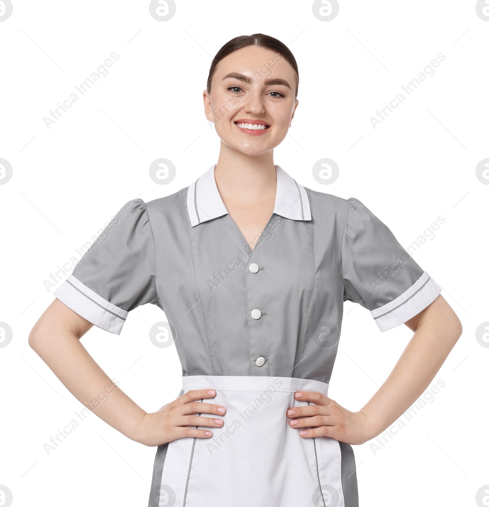 Portrait of happy chambermaid on white background Photo of Portrait of happy chambermaid on white background