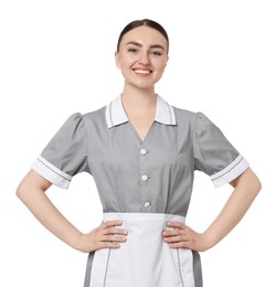Photo of Portrait of happy chambermaid on white background