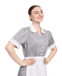 Photo of Portrait of happy chambermaid on white background