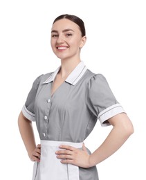 Photo of Portrait of happy chambermaid on white background