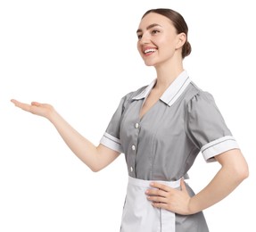 Photo of Portrait of happy chambermaid on white background