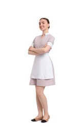 Photo of Full-length portrait of happy chambermaid on white background