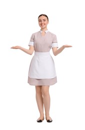 Photo of Full-length portrait of happy chambermaid on white background