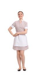 Photo of Full-length portrait of happy chambermaid on white background