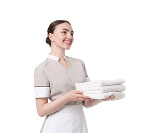 Photo of Chambermaid with stack of clean towels on white background