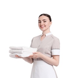 Photo of Chambermaid with stack of clean towels on white background