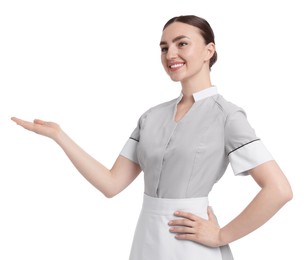 Photo of Portrait of happy chambermaid on white background