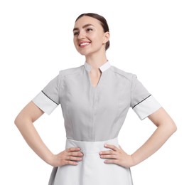 Photo of Portrait of happy chambermaid on white background