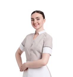 Photo of Portrait of happy chambermaid on white background