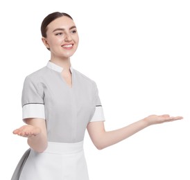 Photo of Portrait of happy chambermaid on white background