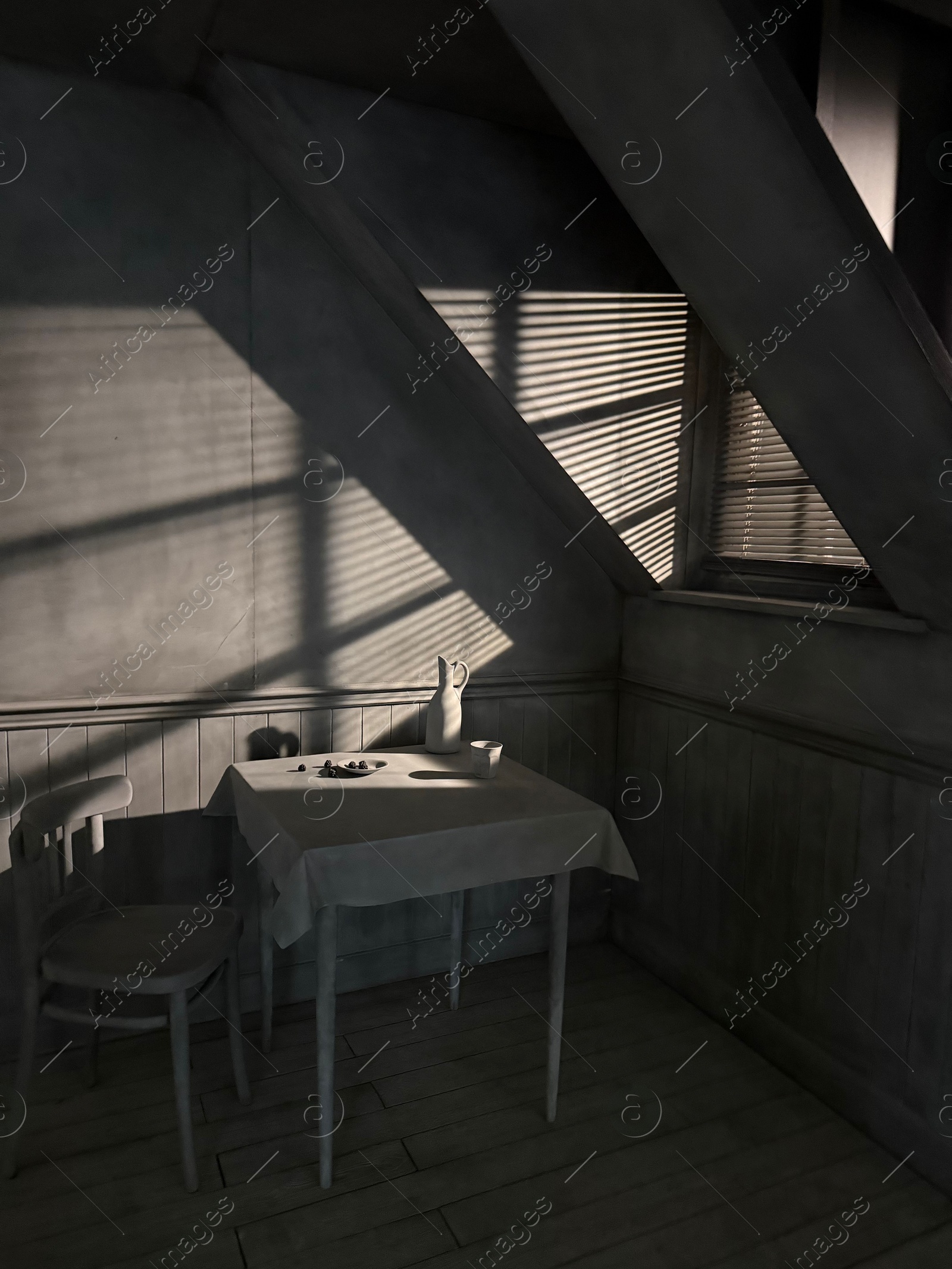Wassenaar, Netherlands - April 24, 2025: Installation of attic with table and chair at Voorlinden museum Photo of Wassenaar, Netherlands - April 24, 2025: Installation of attic with table and chair at Voorlinden museum