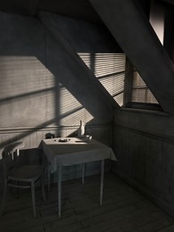 Photo of Wassenaar, Netherlands - April 24, 2025: Installation of attic with table and chair at Voorlinden museum