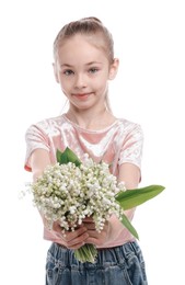 Photo of Girl with bouquet of beautiful lily-of-the-valley flowers on white background