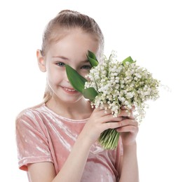Photo of Girl with bouquet of beautiful lily-of-the-valley flowers on white background