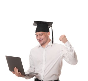 Photo of Happy student with laptop after graduation on white background