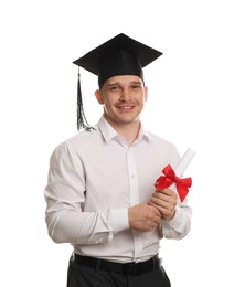 Photo of Happy student with diploma after graduation on white background