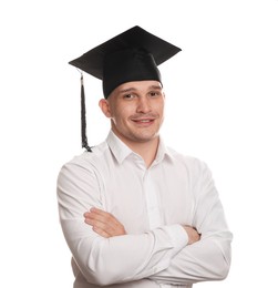 Photo of Happy student with crossed arms after graduation on white background