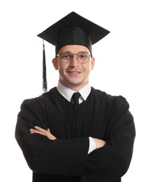 Photo of Happy student with crossed arms after graduation on white background