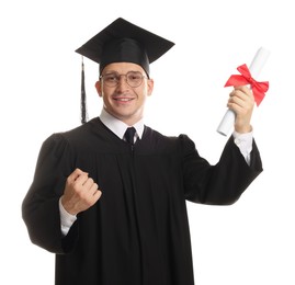 Photo of Happy student with diploma after graduation on white background