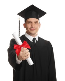 Photo of Student with diploma after graduation on white background