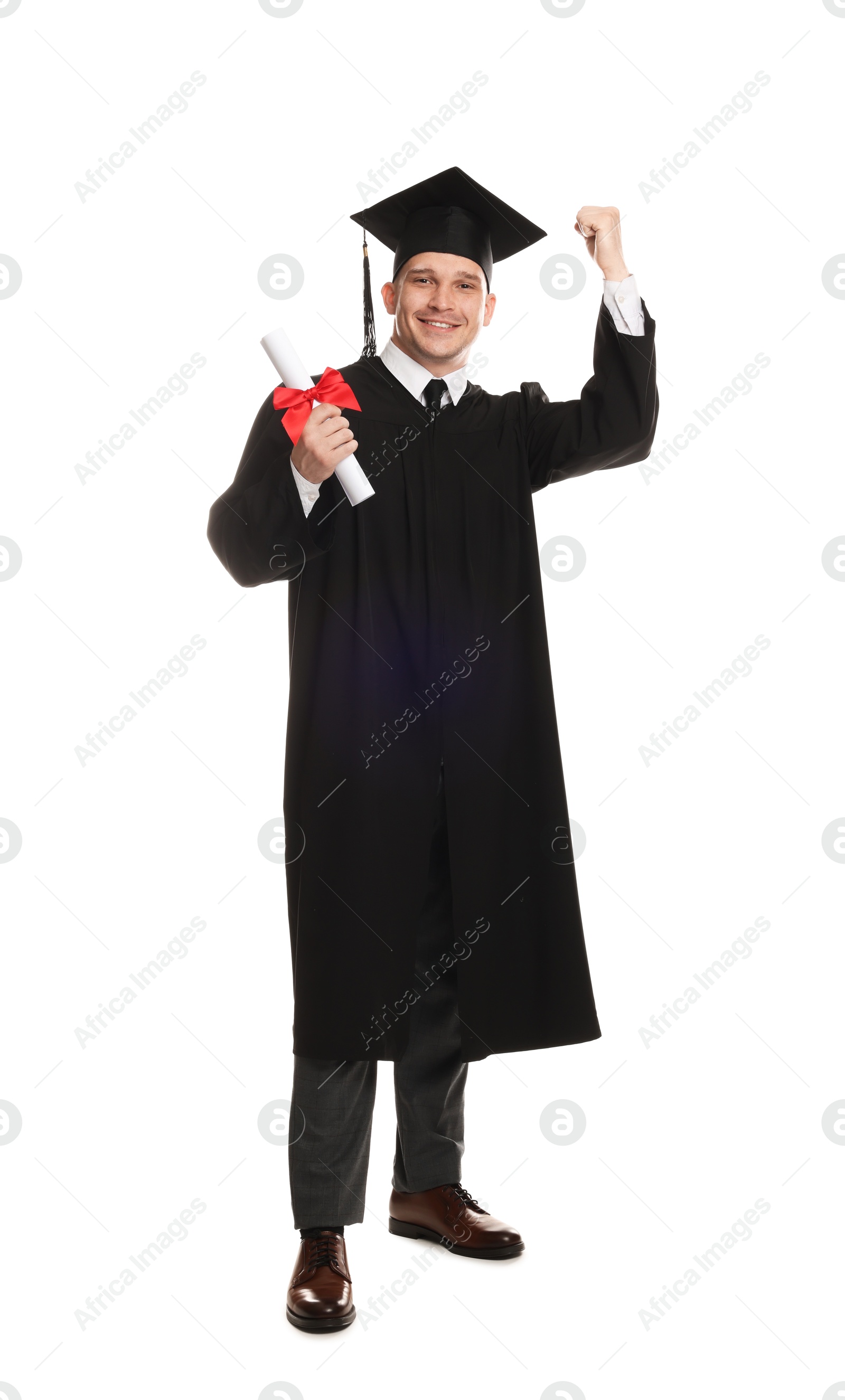 Happy student with diploma after graduation on white background Photo of Happy student with diploma after graduation on white background