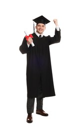 Photo of Happy student with diploma after graduation on white background