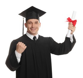 Photo of Happy student with diploma after graduation on white background
