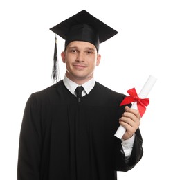 Photo of Student with diploma after graduation on white background