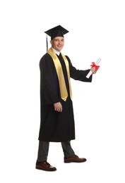 Photo of Happy student with diploma after graduation on white background