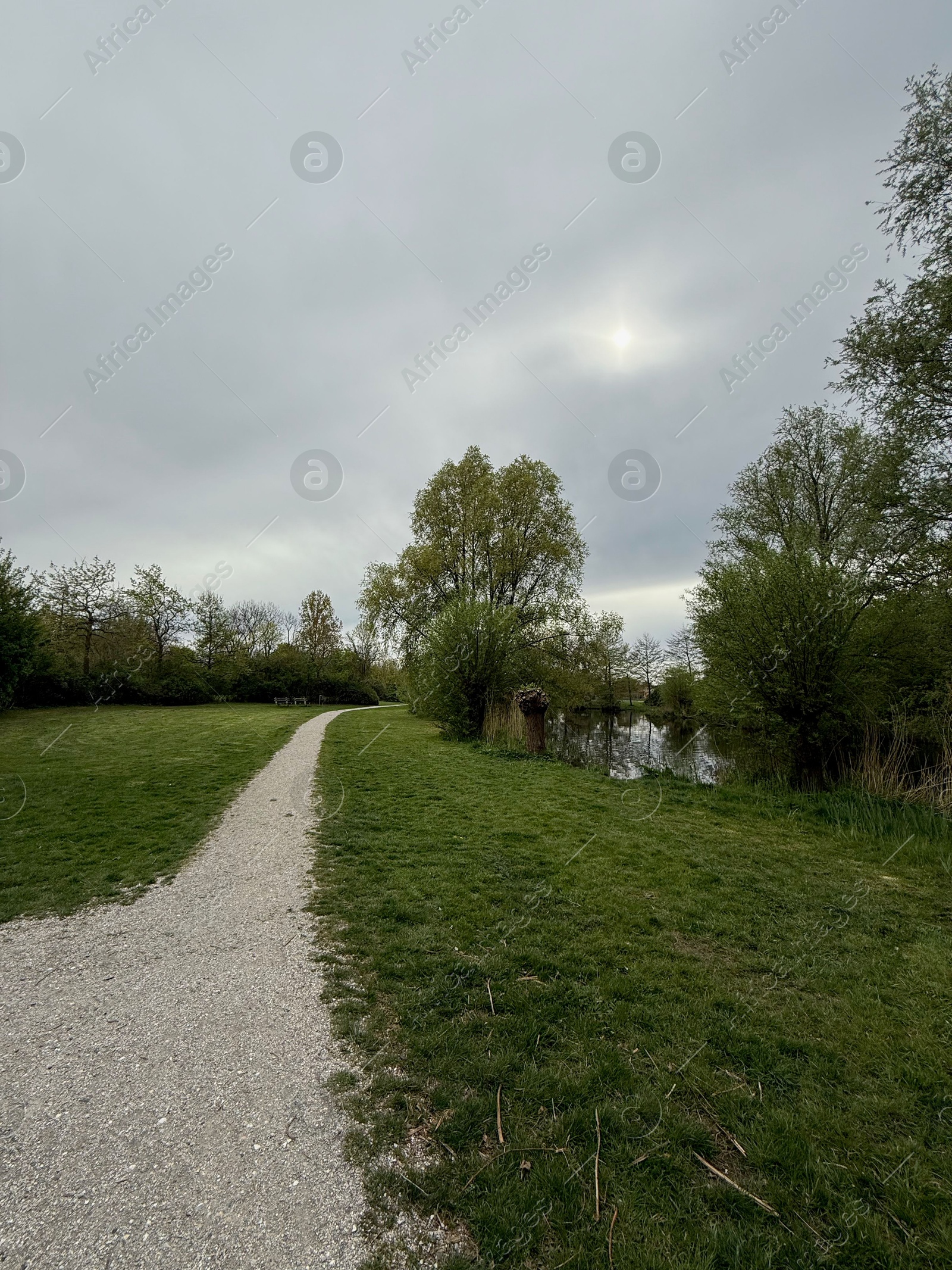 View of pathway alongside pond in beautiful park Photo of View of pathway alongside pond in beautiful park