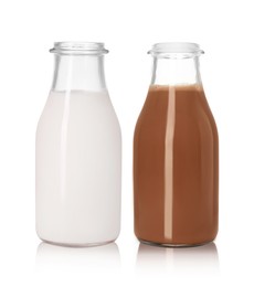 Image of Chocolate drink and milk in glass bottles isolated on white