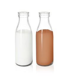 Image of Chocolate drink and milk in glass bottles isolated on white