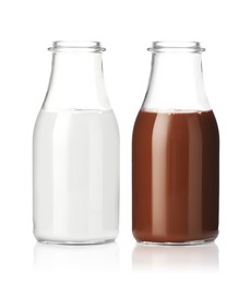 Image of Chocolate drink and milk in glass bottles isolated on white