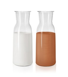 Image of Chocolate drink and milk in glass bottles isolated on white