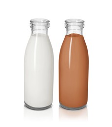 Image of Chocolate drink and milk in glass bottles isolated on white