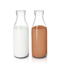 Image of Chocolate drink and milk in glass bottles isolated on white