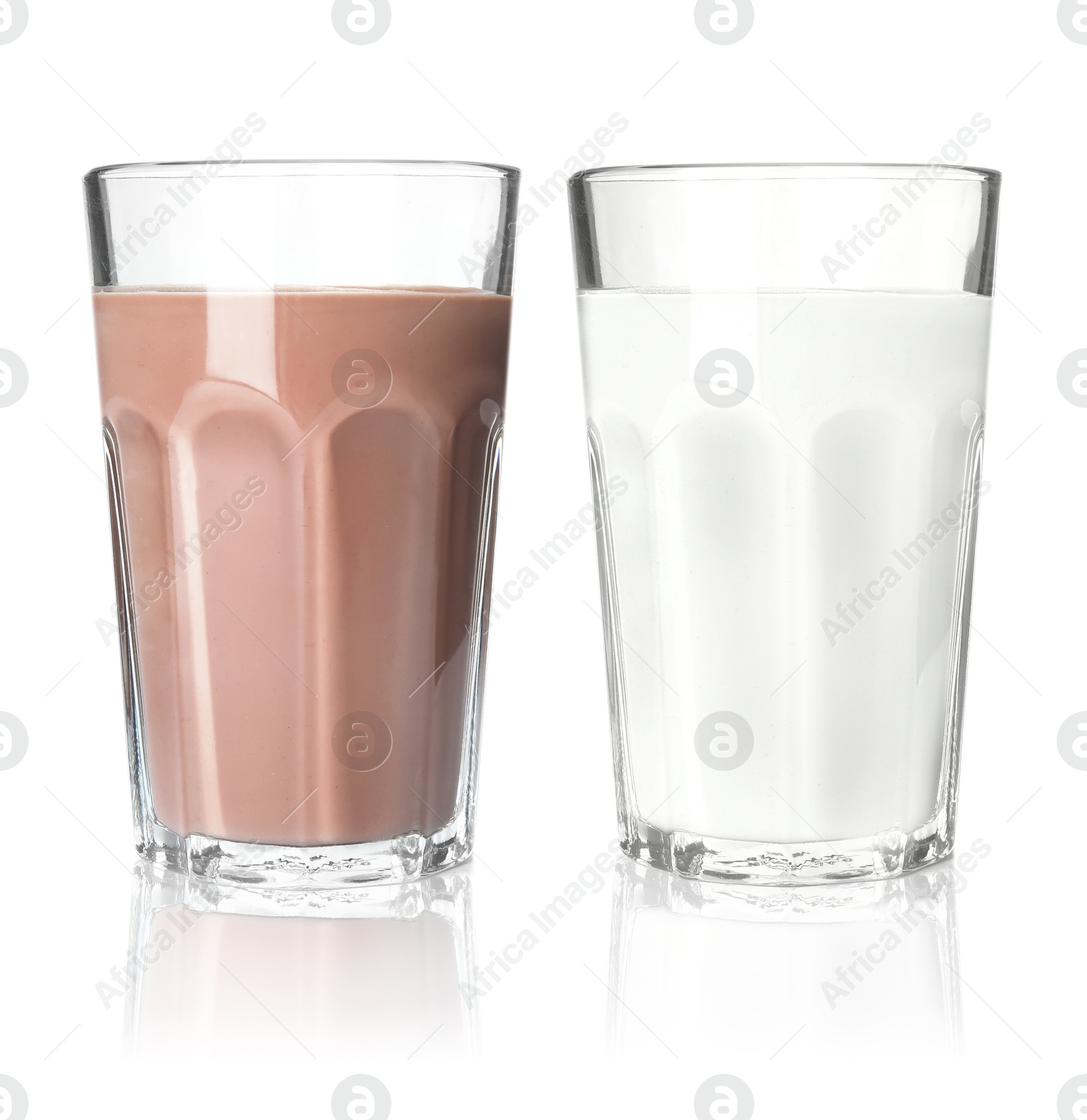 Chocolate drink and milk in glasses isolated on white Image of Chocolate drink and milk in glasses isolated on white