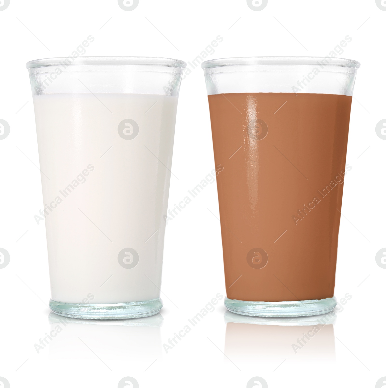 Chocolate drink and milk in glasses isolated on white Image of Chocolate drink and milk in glasses isolated on white