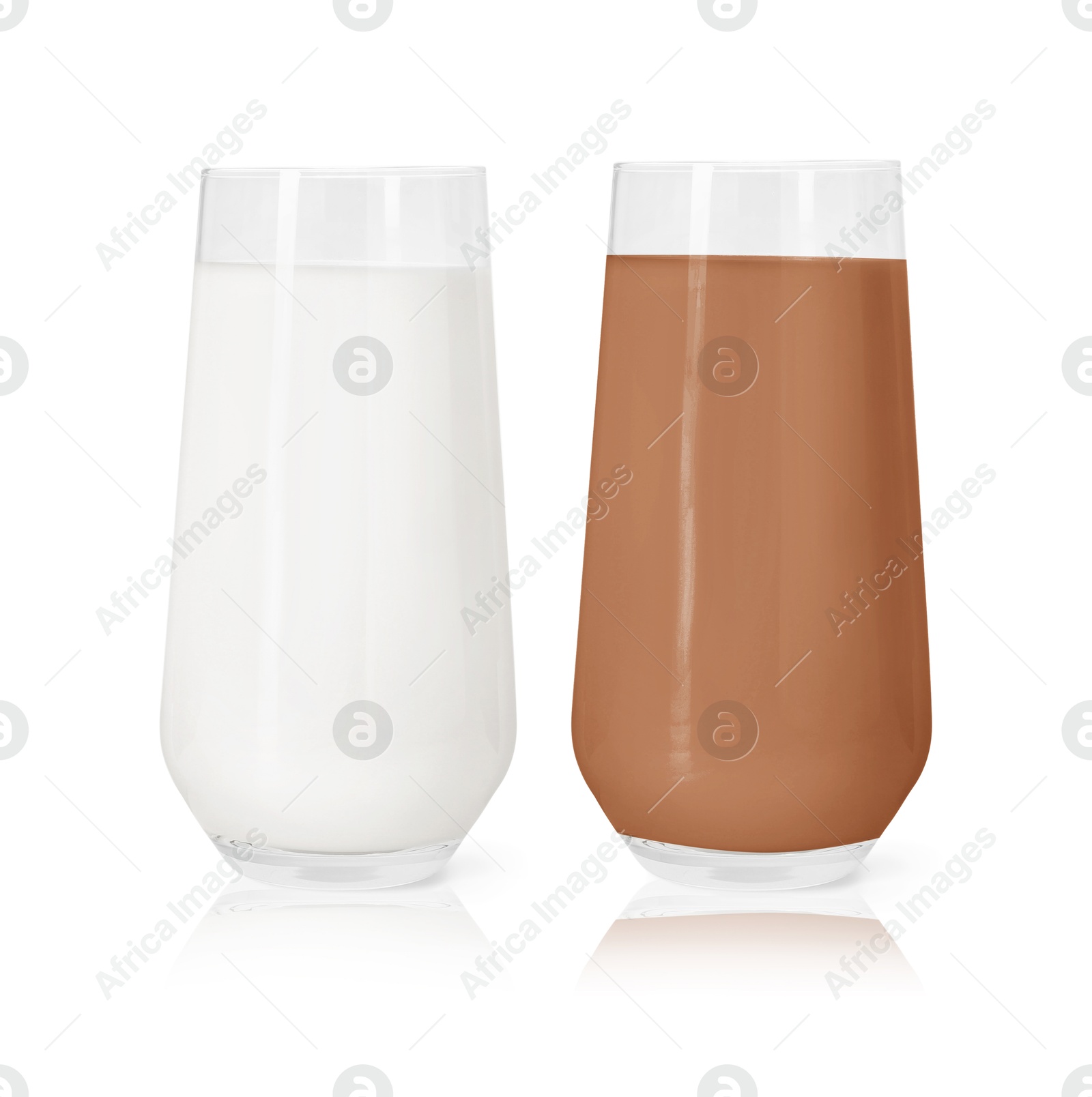 Chocolate drink and milk in glasses isolated on white Image of Chocolate drink and milk in glasses isolated on white