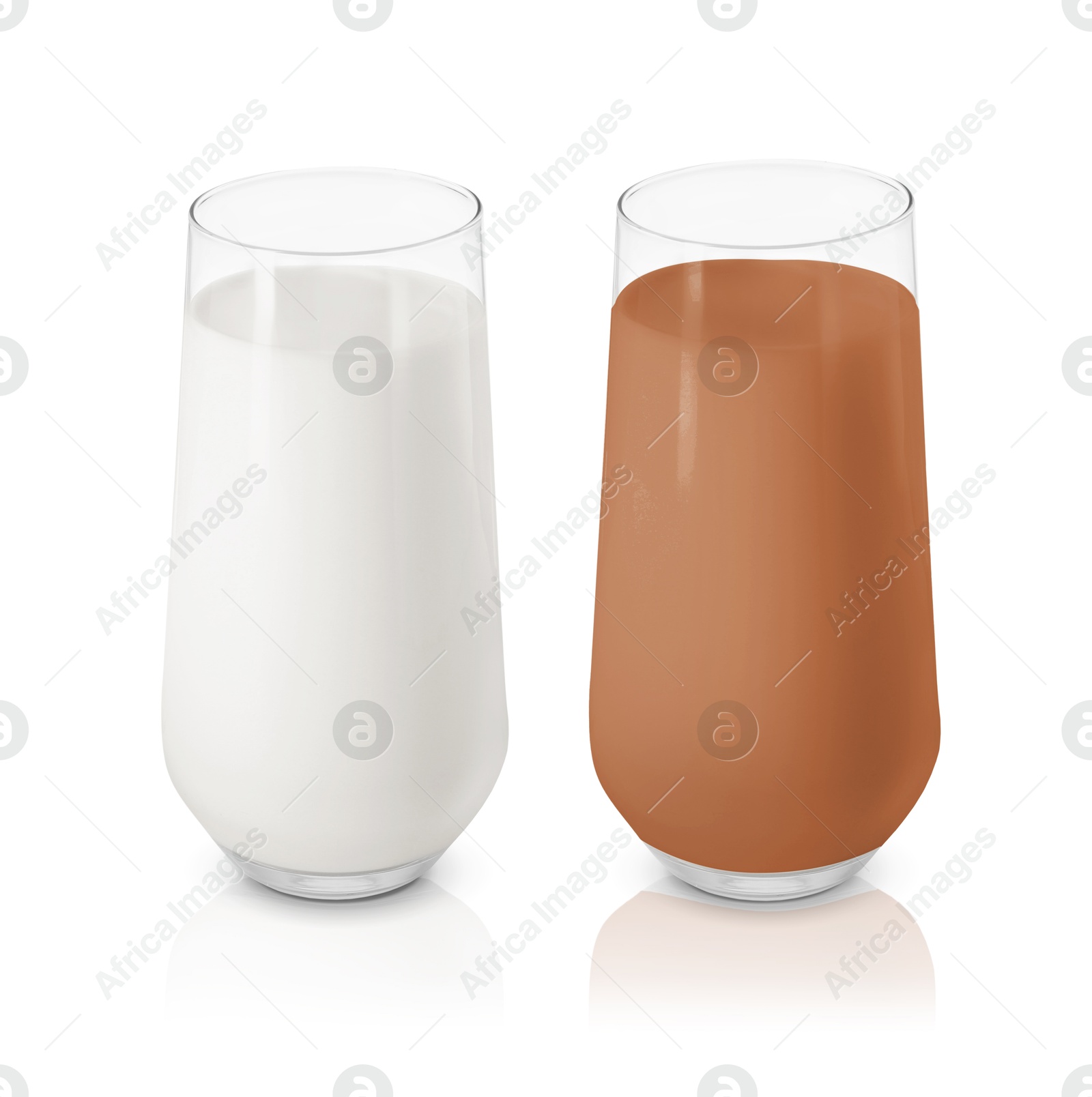 Chocolate drink and milk in glasses isolated on white Image of Chocolate drink and milk in glasses isolated on white