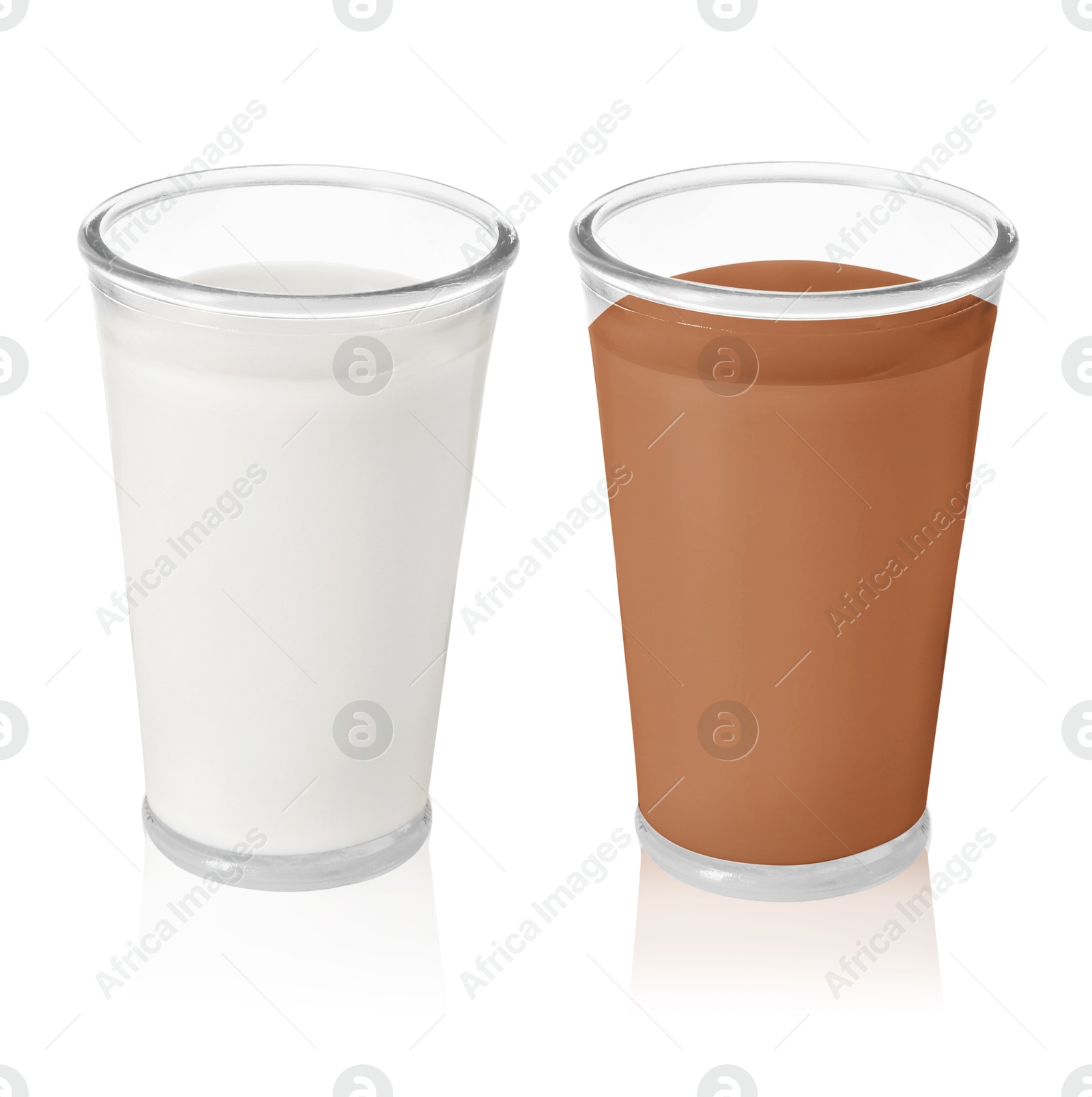 Chocolate drink and milk in glasses isolated on white Image of Chocolate drink and milk in glasses isolated on white