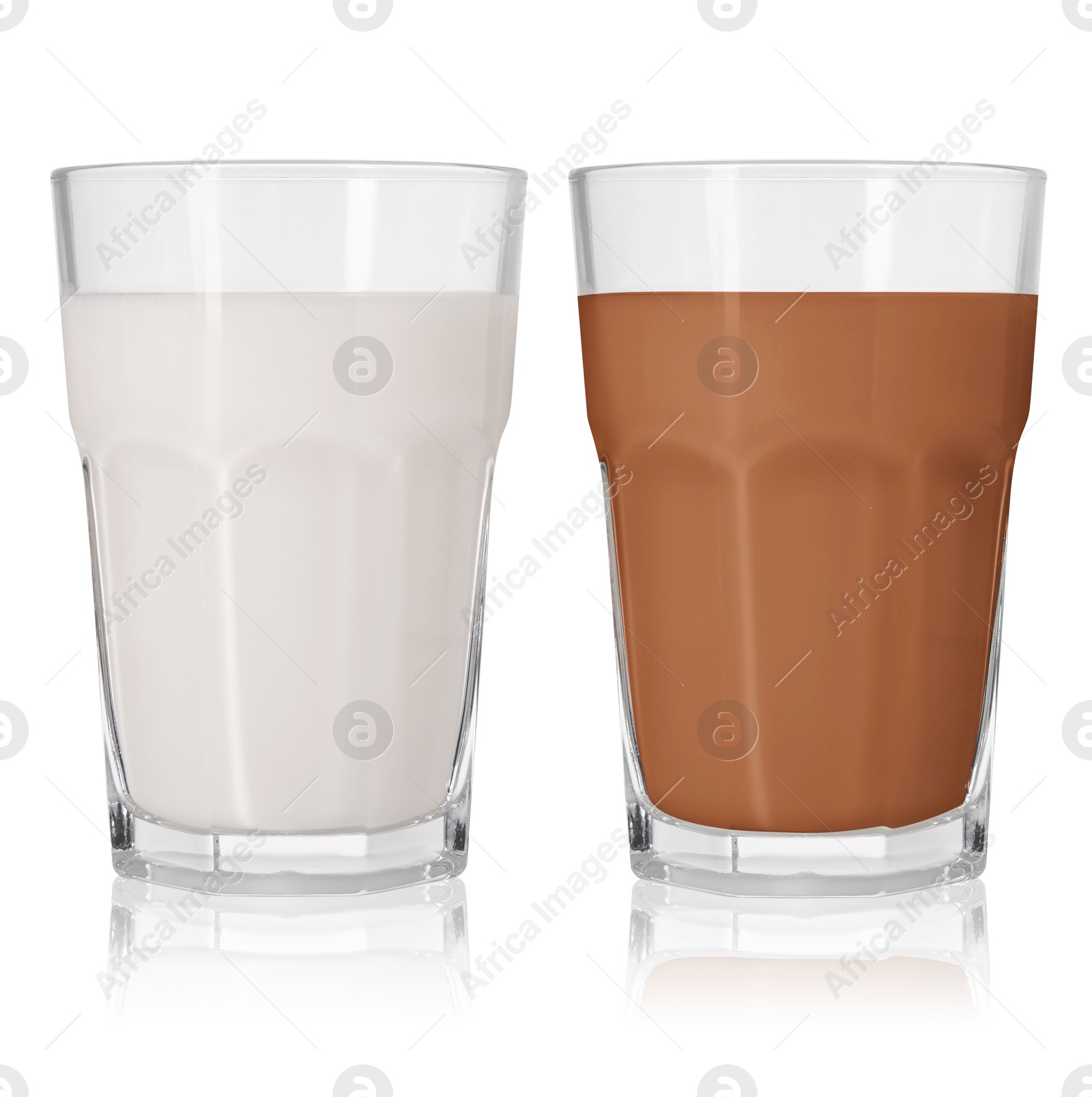 Chocolate drink and milk in glasses isolated on white Image of Chocolate drink and milk in glasses isolated on white