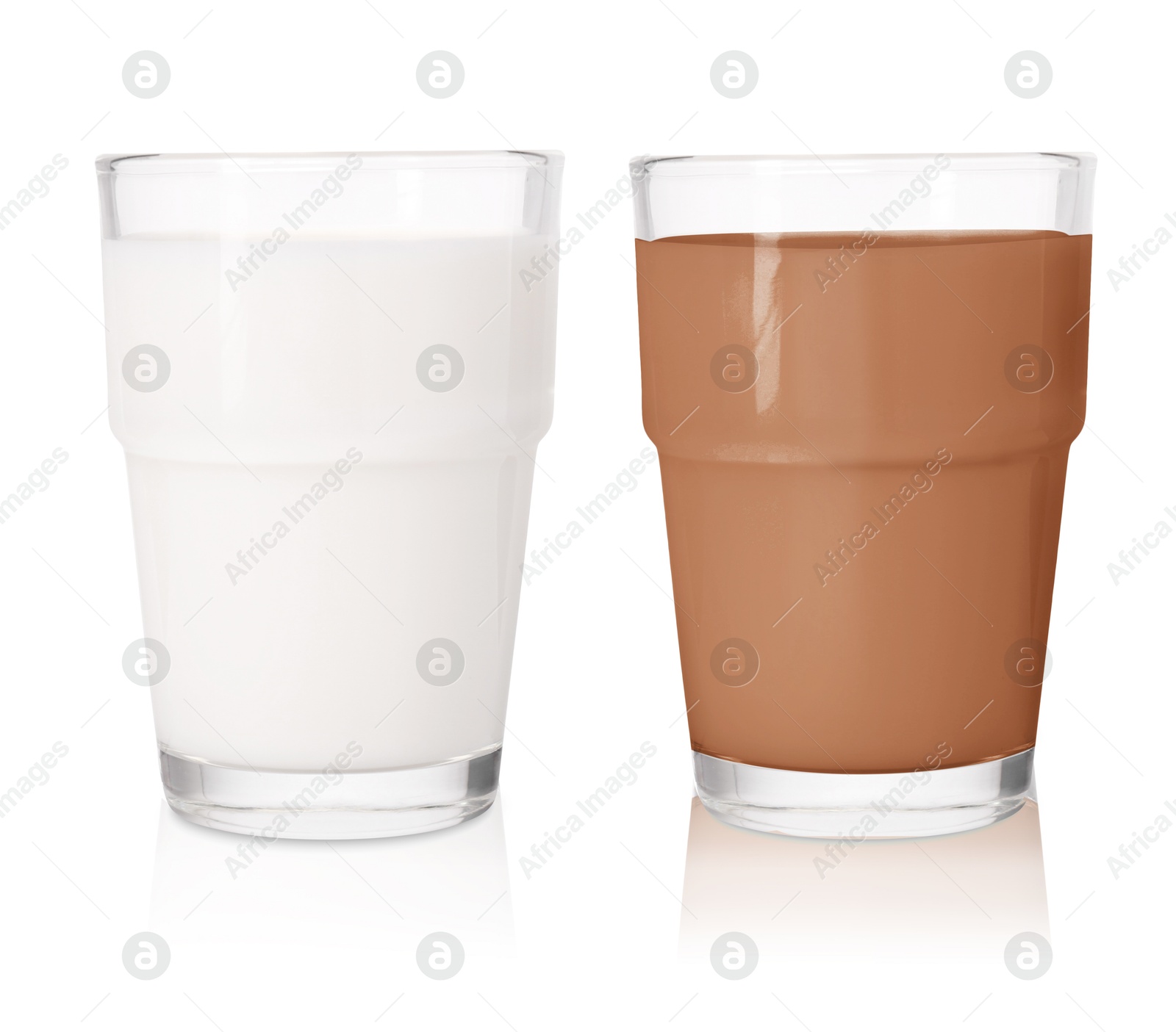 Chocolate drink and milk in glasses isolated on white Image of Chocolate drink and milk in glasses isolated on white