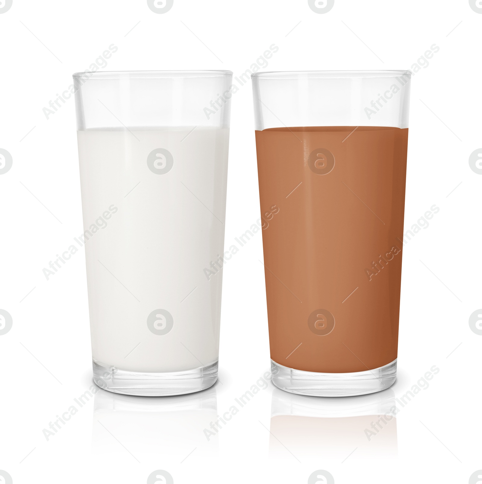 Chocolate drink and milk in glasses isolated on white Image of Chocolate drink and milk in glasses isolated on white