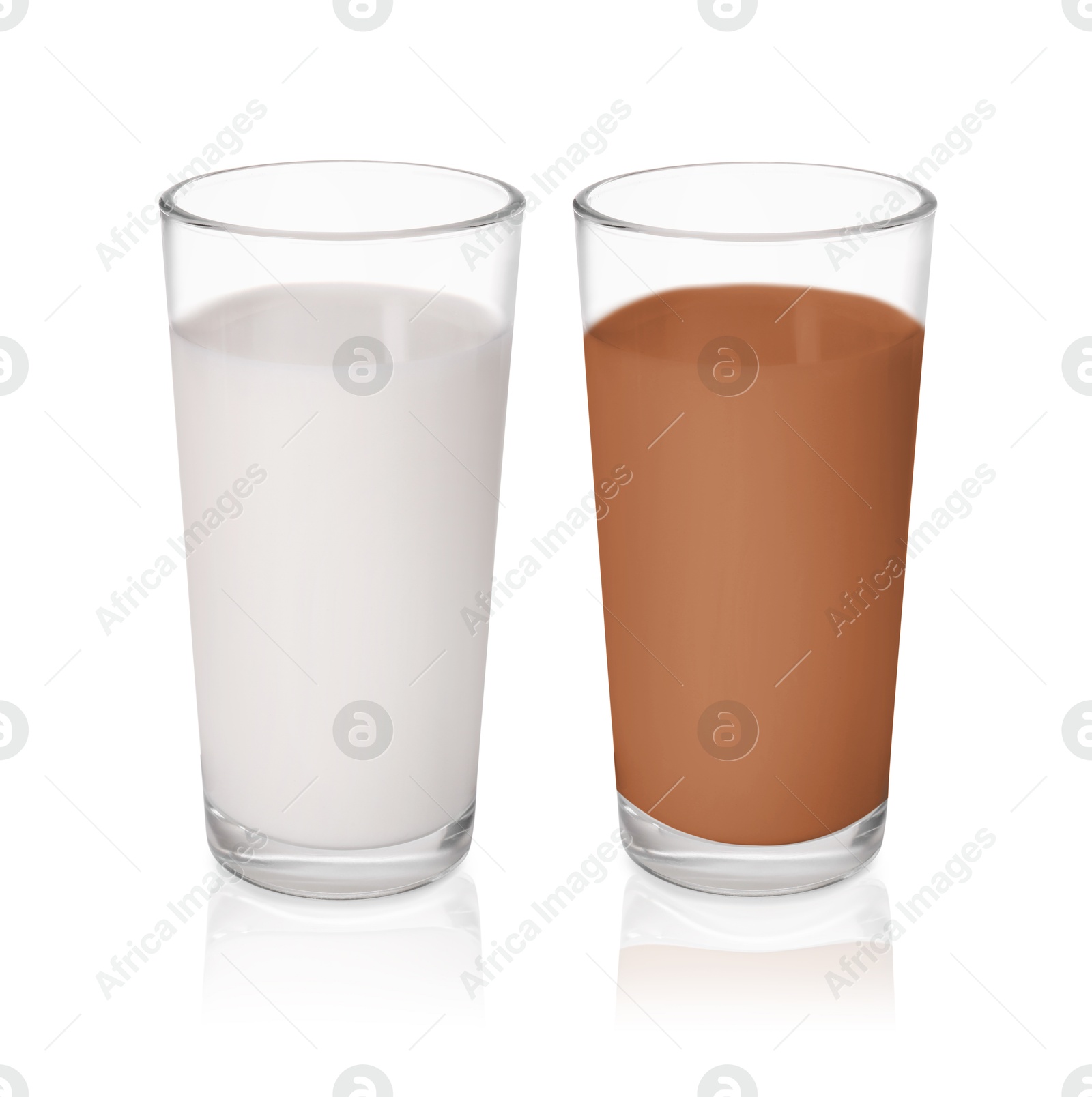 Chocolate drink and milk in glasses isolated on white Image of Chocolate drink and milk in glasses isolated on white