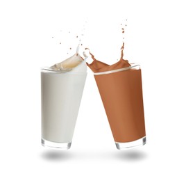 Image of Chocolate drink and milk splashing out of glasses on white background
