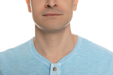 Photo of Man after shaving on white background, closeup